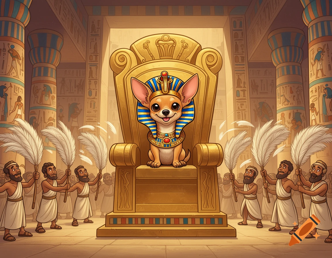 A cartoon chihuahua pharaoh in a Nemes headdress sits on a golden throne, fanned by servants in an ancient Egyptian palace.