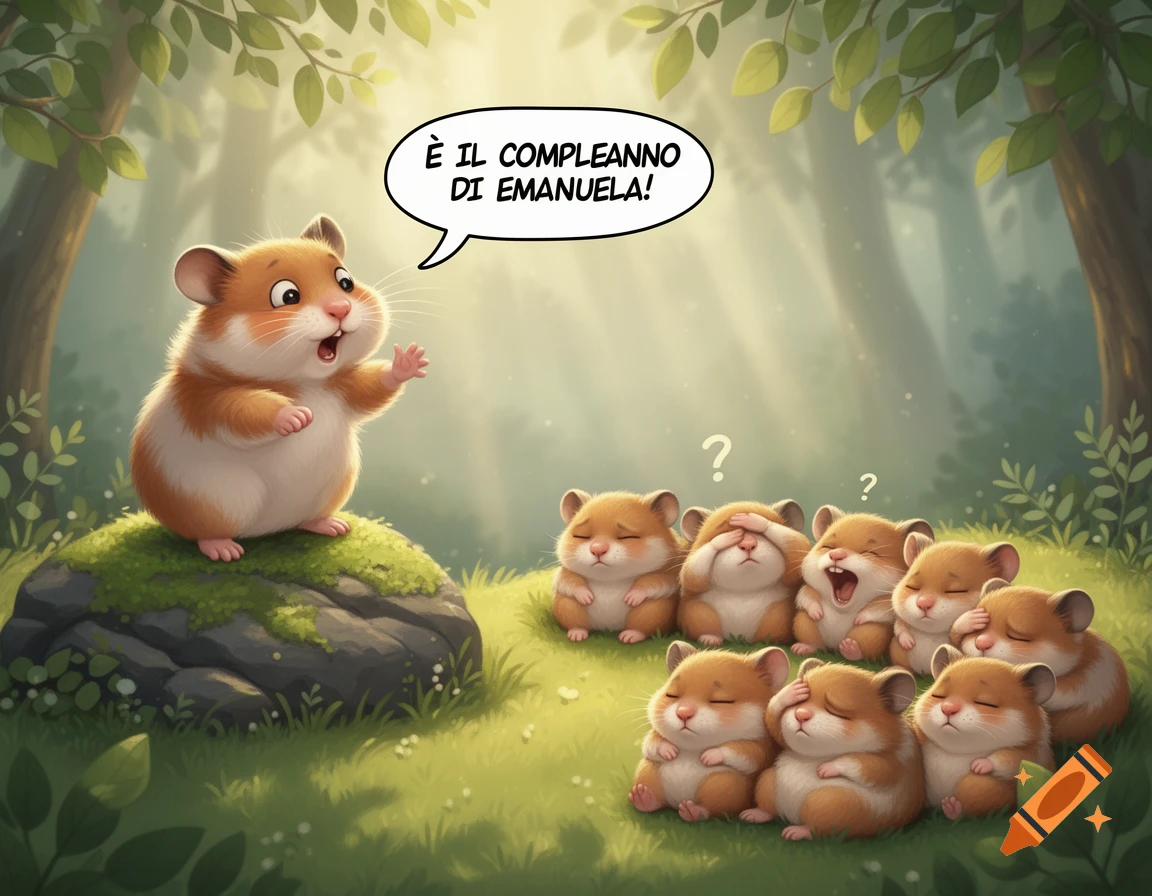A happy cartoon hamster on a mossy rock tells sleepy hamsters 'It's Emanuela's birthday!' in a sunny forest.