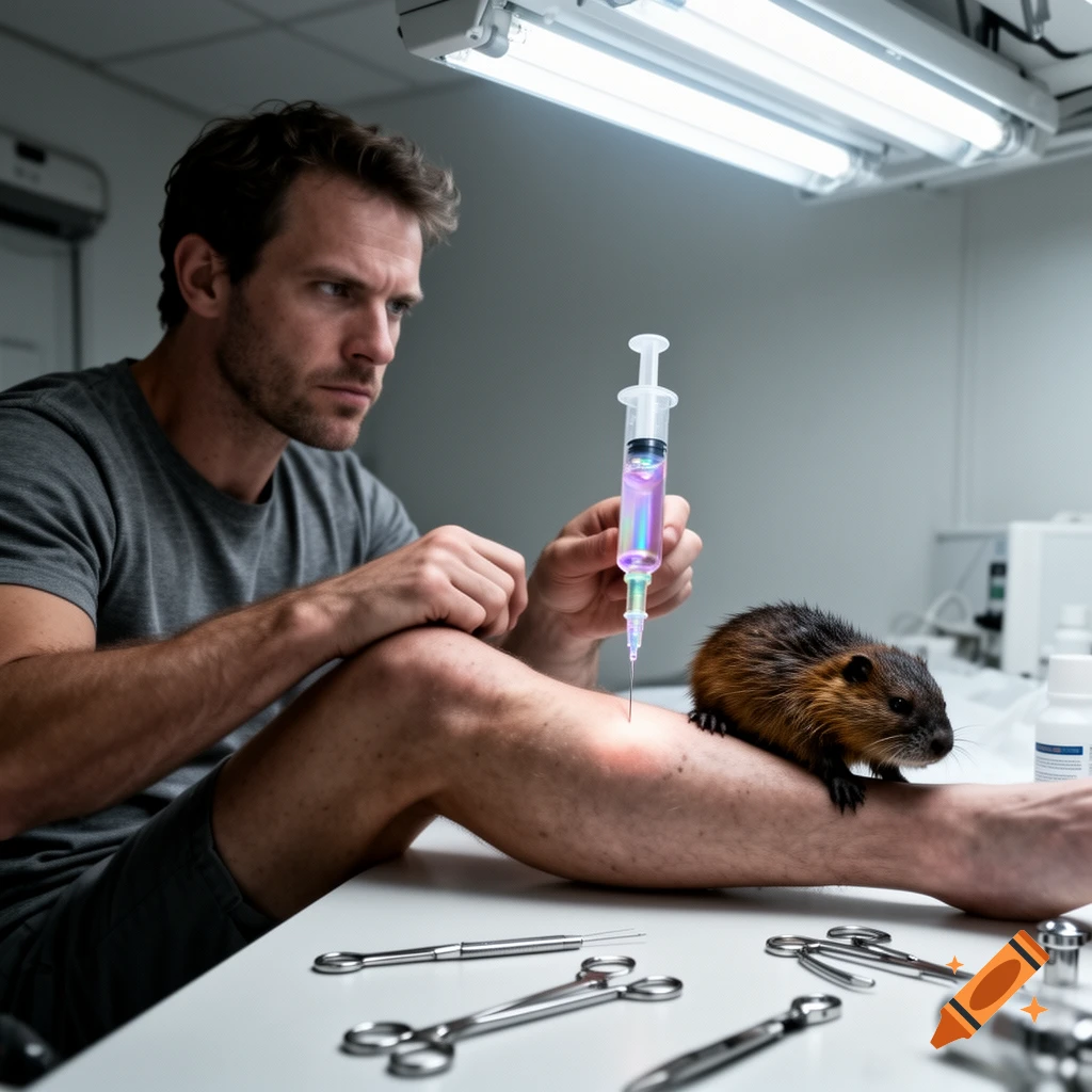 A man injects a glowing syringe into his leg while a beaver sits on his thigh in a sterile, brightly lit lab with medical tools.