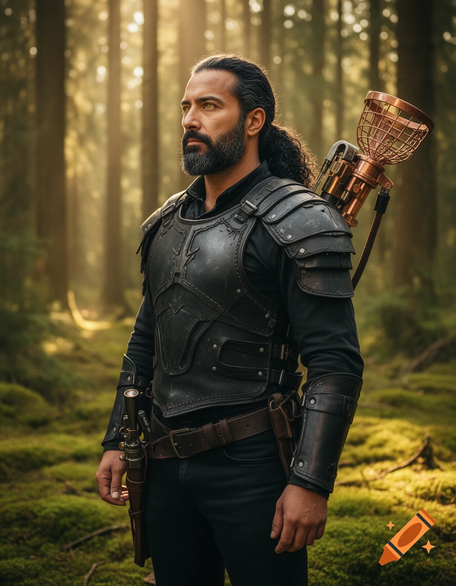 A photorealistic portrait of a bearded man with long curly hair, wearing black leather armor and carrying steampunk weapons, standing in a sunlit forest.