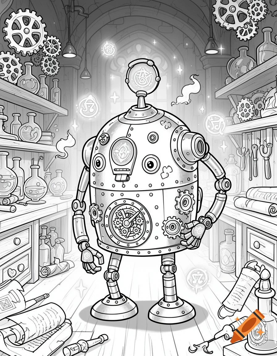 A black-and-white coloring book illustration of a friendly steampunk automaton with gears and glowing symbols in a magical workshop filled with bottles and scrolls.