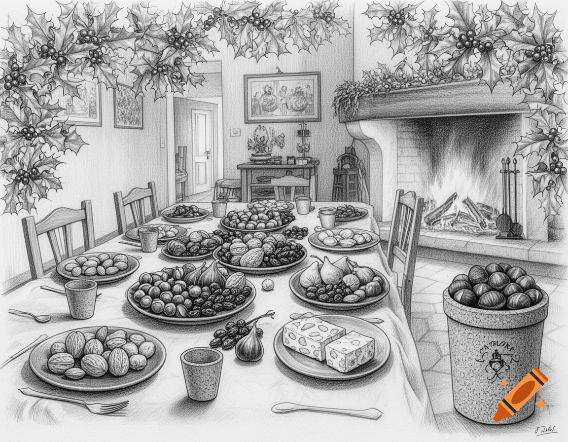 Detailed pencil drawing of a Christmas Eve table laden with nuts, dried fruits, and nougat, set in a cozy room with a lit fireplace and holly decorations.