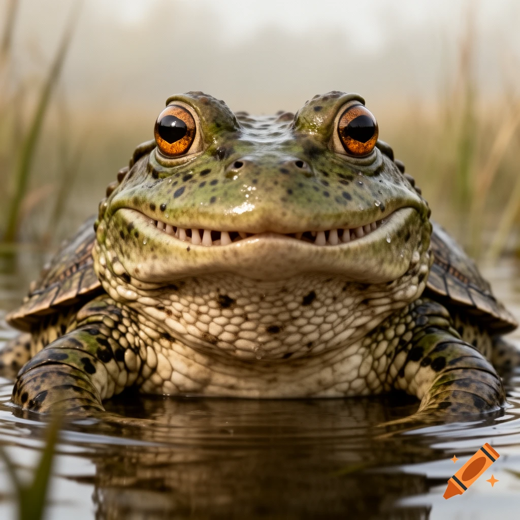 Photorealistic close-up of a smiling green hybrid creature with frog eyes and turtle/crocodile features, partially submerged in water.
