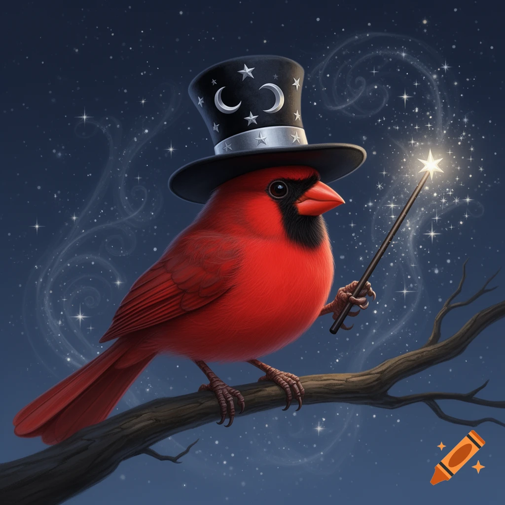 A cute red cardinal wearing a magician's top hat, holding a glowing wand, sitting on a branch against a starry night sky.