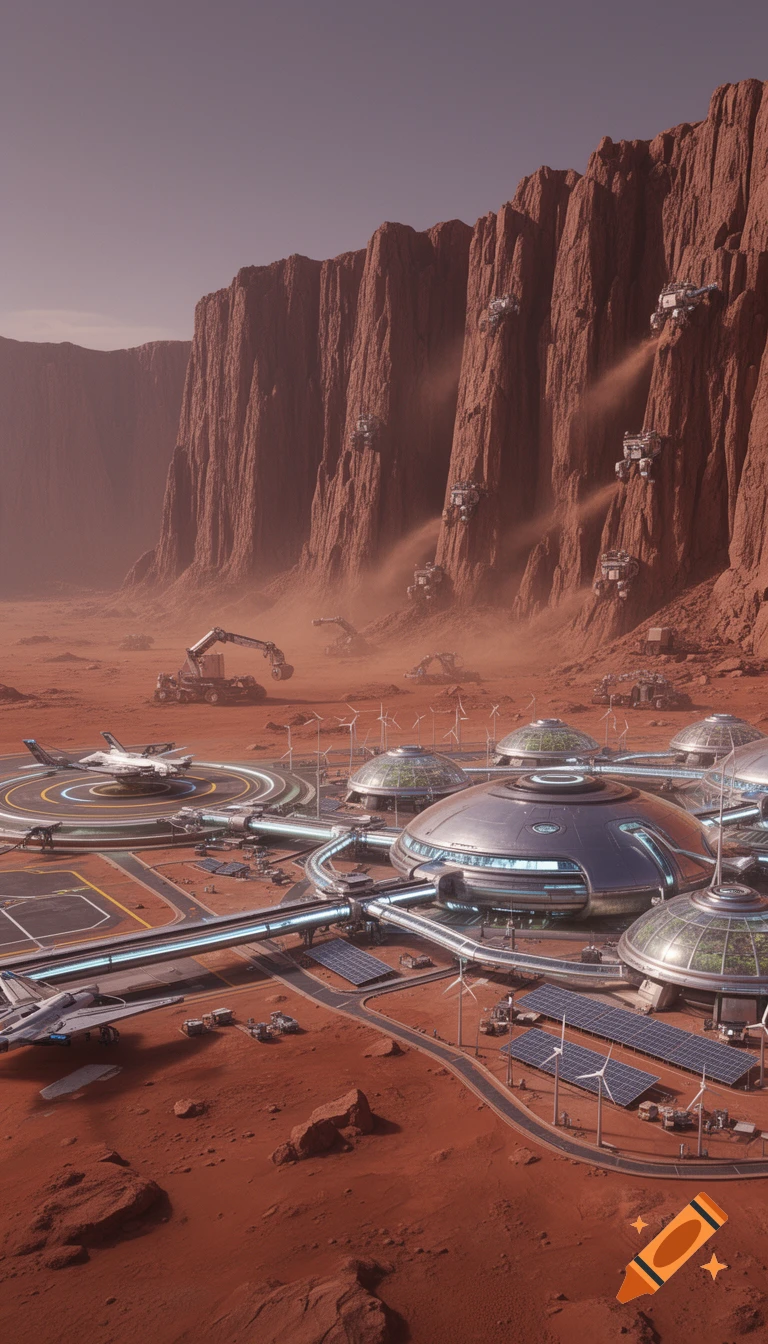 A futuristic Mars settlement at a cliff base, with domed buildings, a spaceport, aircraft, solar panels, and excavators on red terrain.