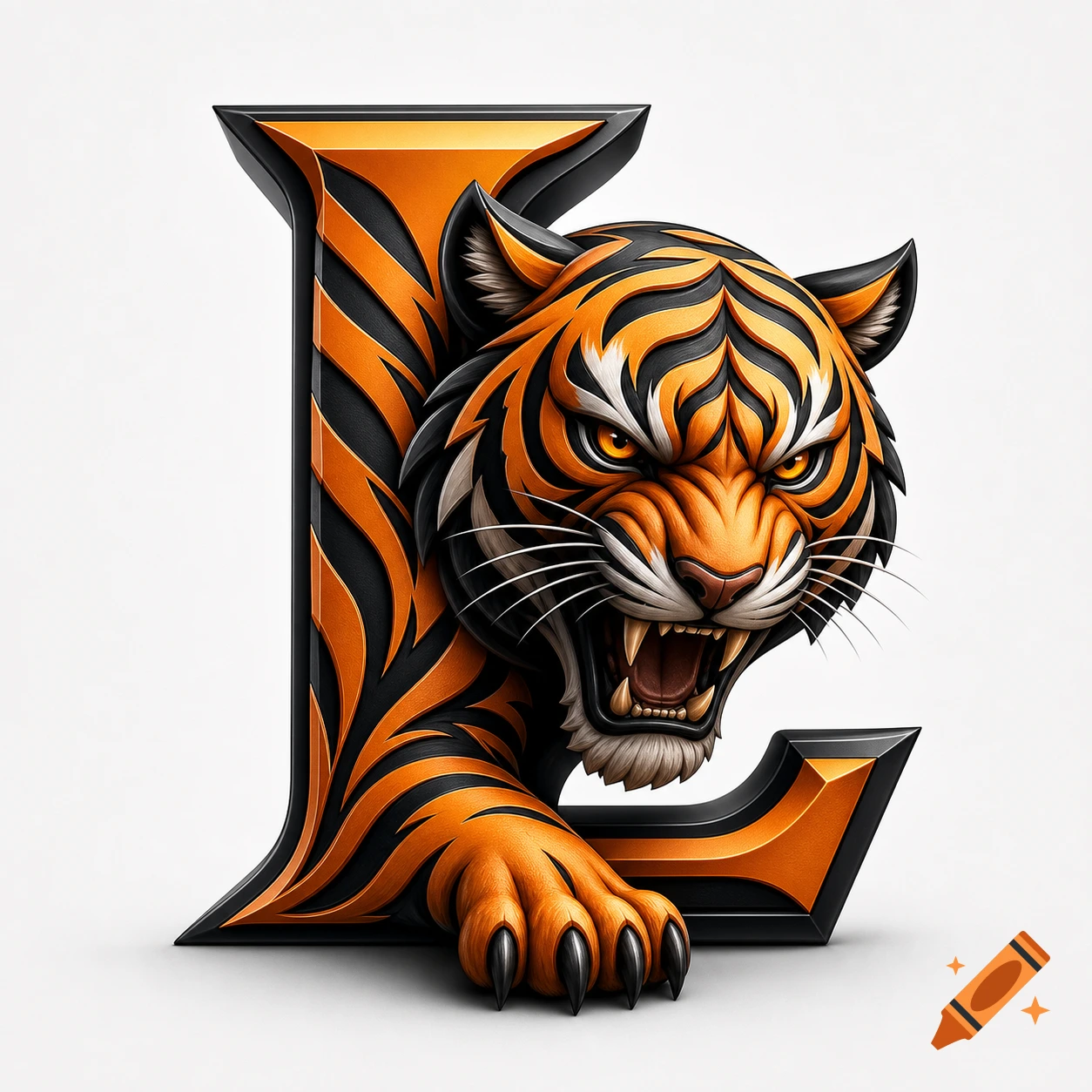 An aggressive tiger head in orange and black stripes, integrated into a stylized capital letter L logo.