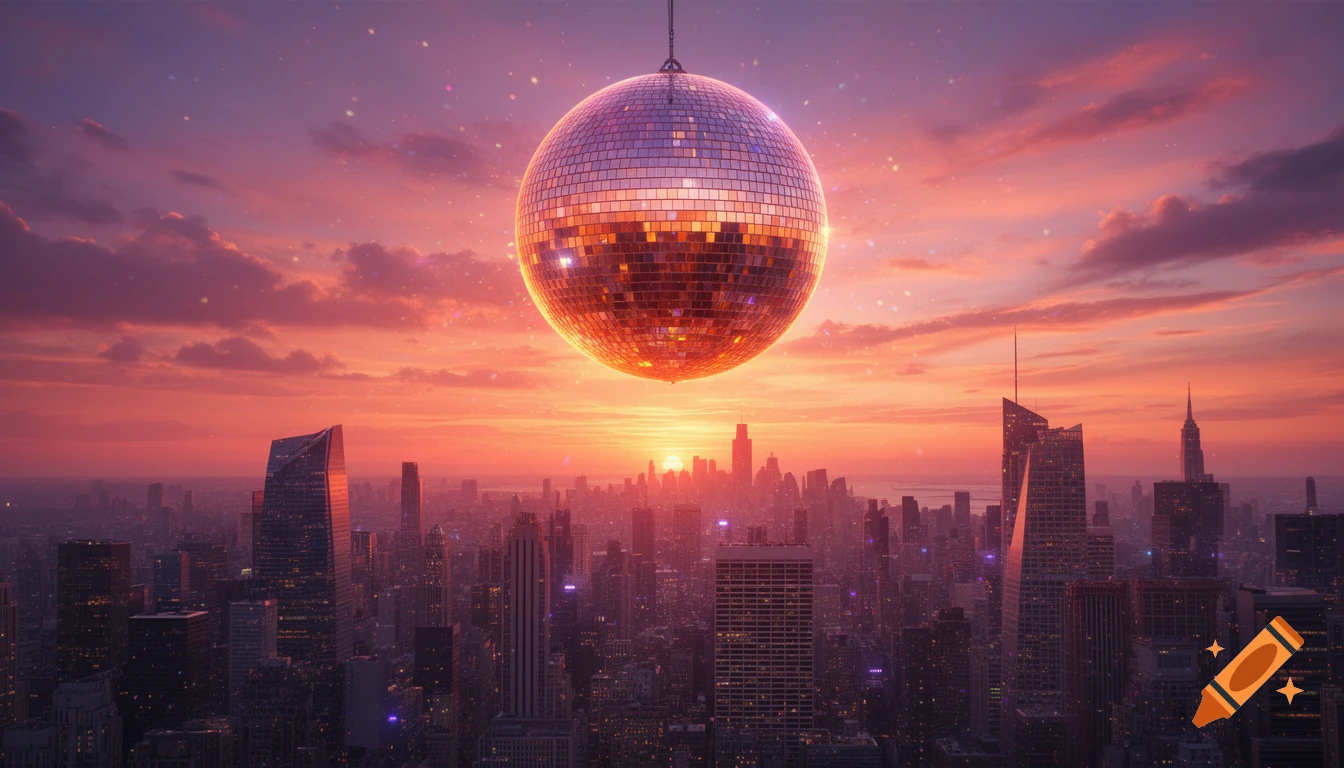 A giant disco ball reflects the vibrant orange and purple sunset over a detailed city skyline.