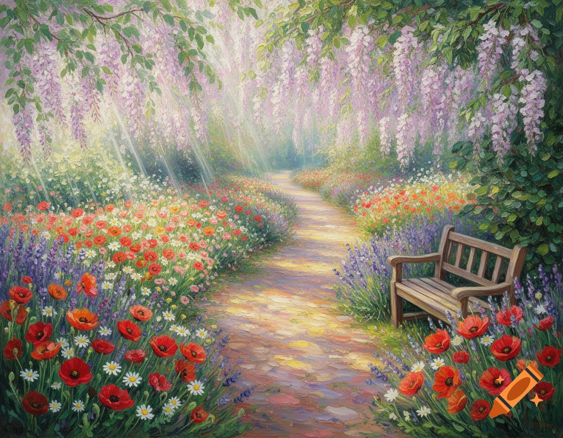 Impressionistic painting of a winding garden path lined with colorful flowers like poppies and lavender, under a wisteria canopy, with a wooden bench.