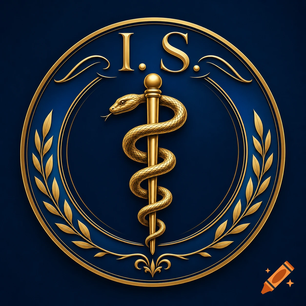 A golden Rod of Asclepius with initials I. S. on a deep blue circular emblem with golden borders and laurel branches.