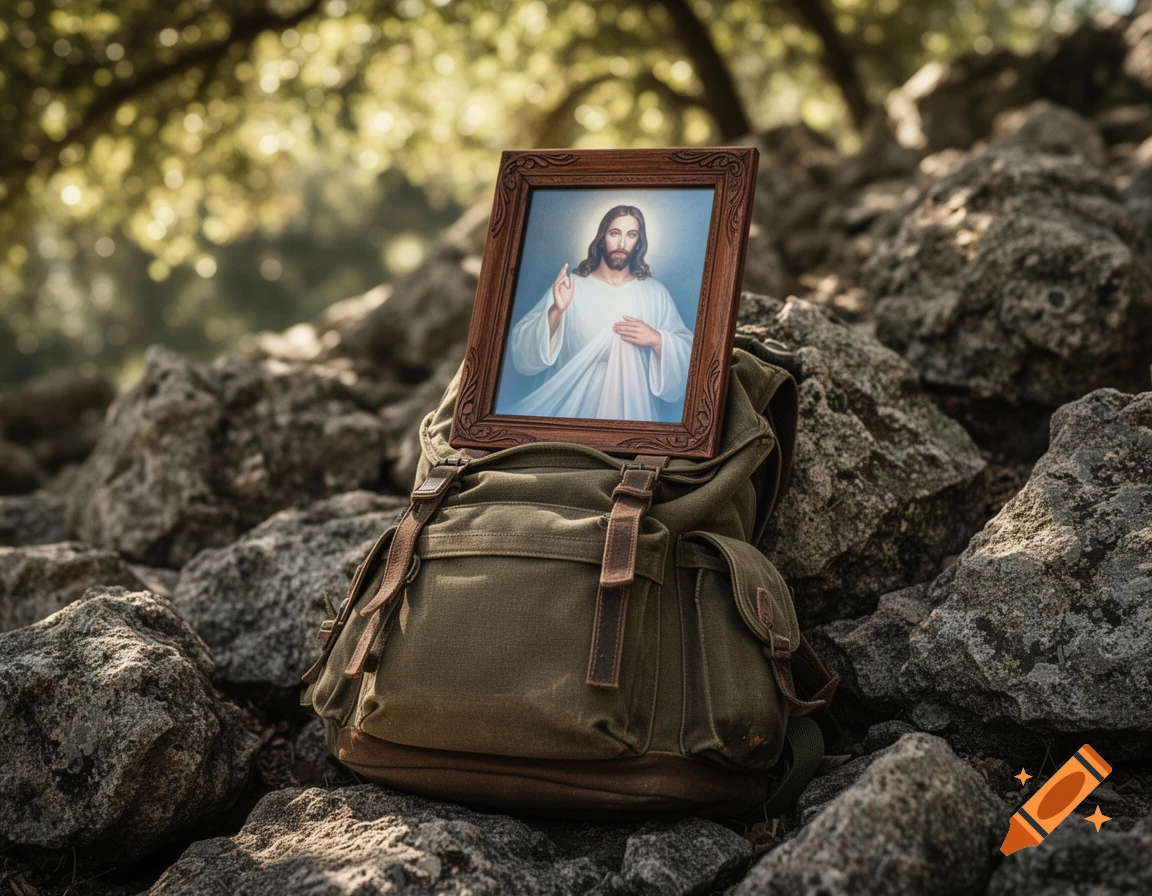 A framed picture of Jesus in a wooden frame rests on a green canvas backpack among rocks and blurred trees.