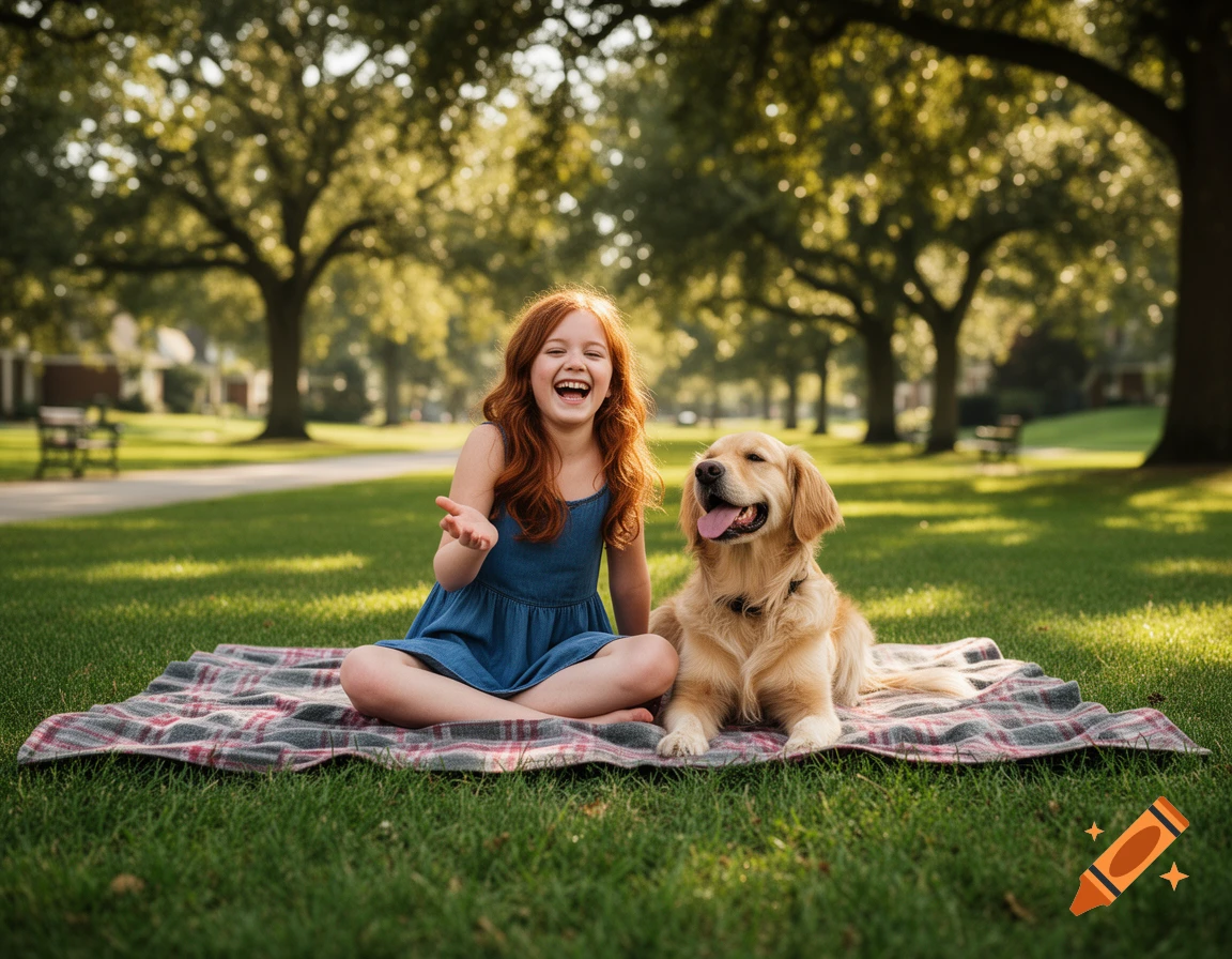 A happy red-haired girl and a golden retriever sit on a plaid blanket in a sunny green park.