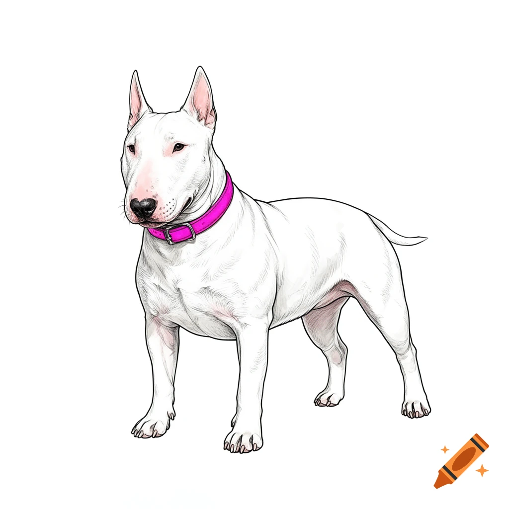 A hand-drawn colored line art illustration of a white English Bull Terrier wearing a pink collar on a white background.
