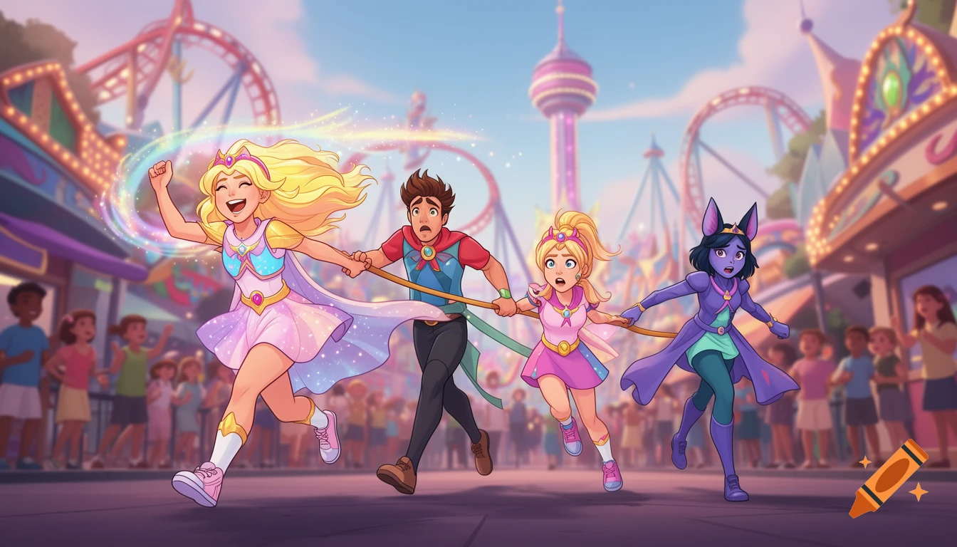 Four animated characters, including a happy Glimmer pulling a surprised Bow, Adora, and Catra through a vibrant theme park.