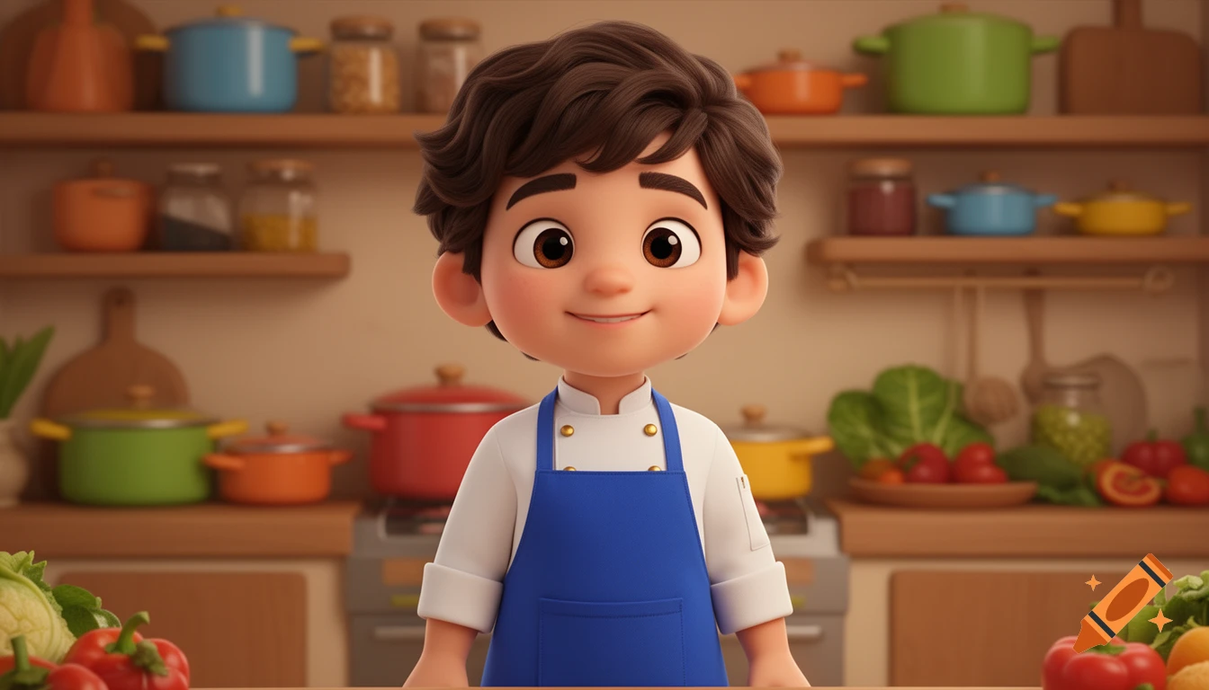 A cute 3D animated boy chef with brown hair and big eyes, wearing a white uniform and blue apron, smiles in a colorful kitchen.