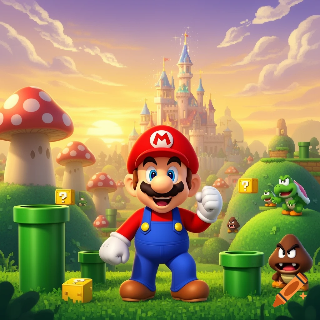 Mario stands in a vibrant, pixelated Super Mario landscape with question blocks, pipes, mushrooms, and a castle, joined by a Goomba and Koopa Troopa.