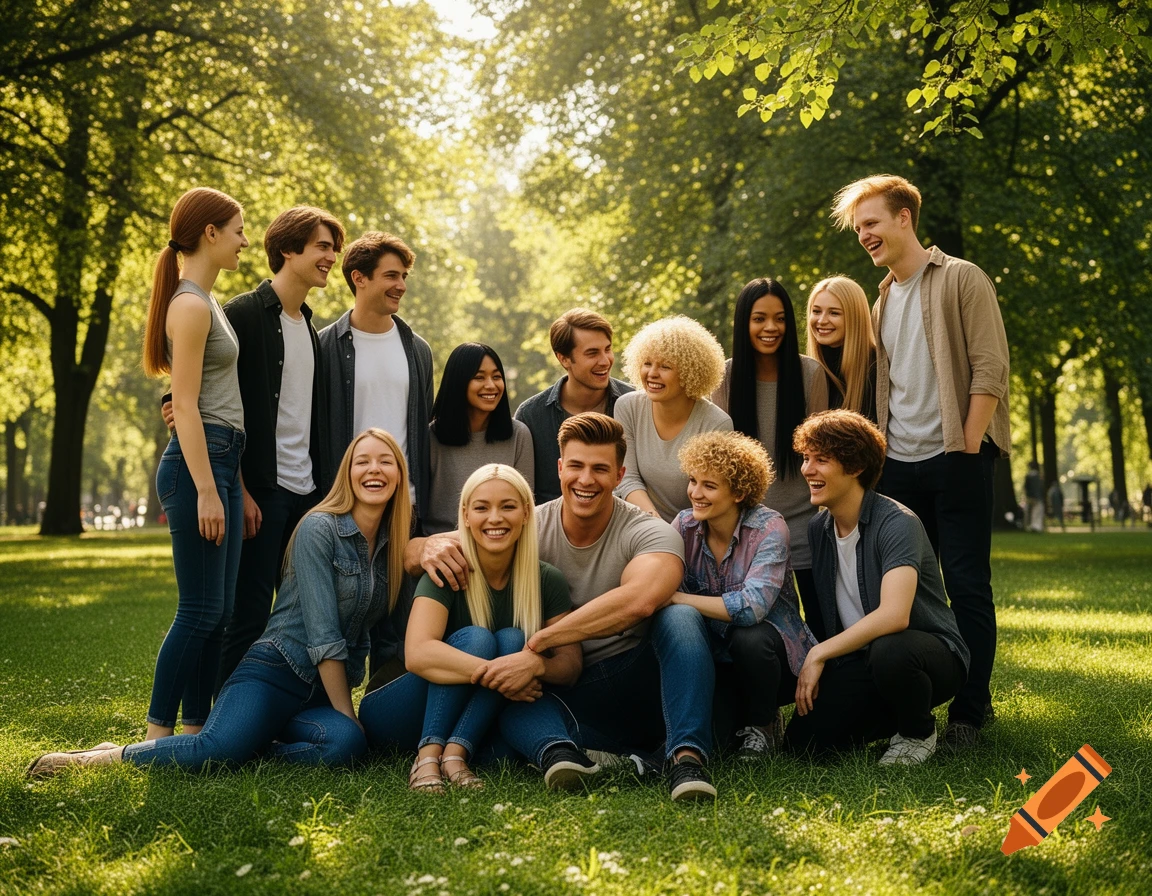A diverse group of cheerful young adults in a park, smiling and posing for a group photo on a sunny day.