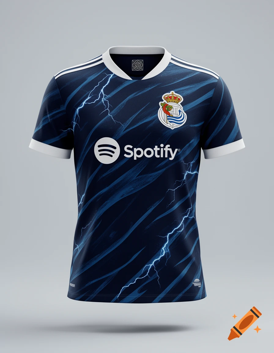 Navy blue football jersey with lightning pattern, Real Sociedad badge, and Spotify logo, presented on a light background.