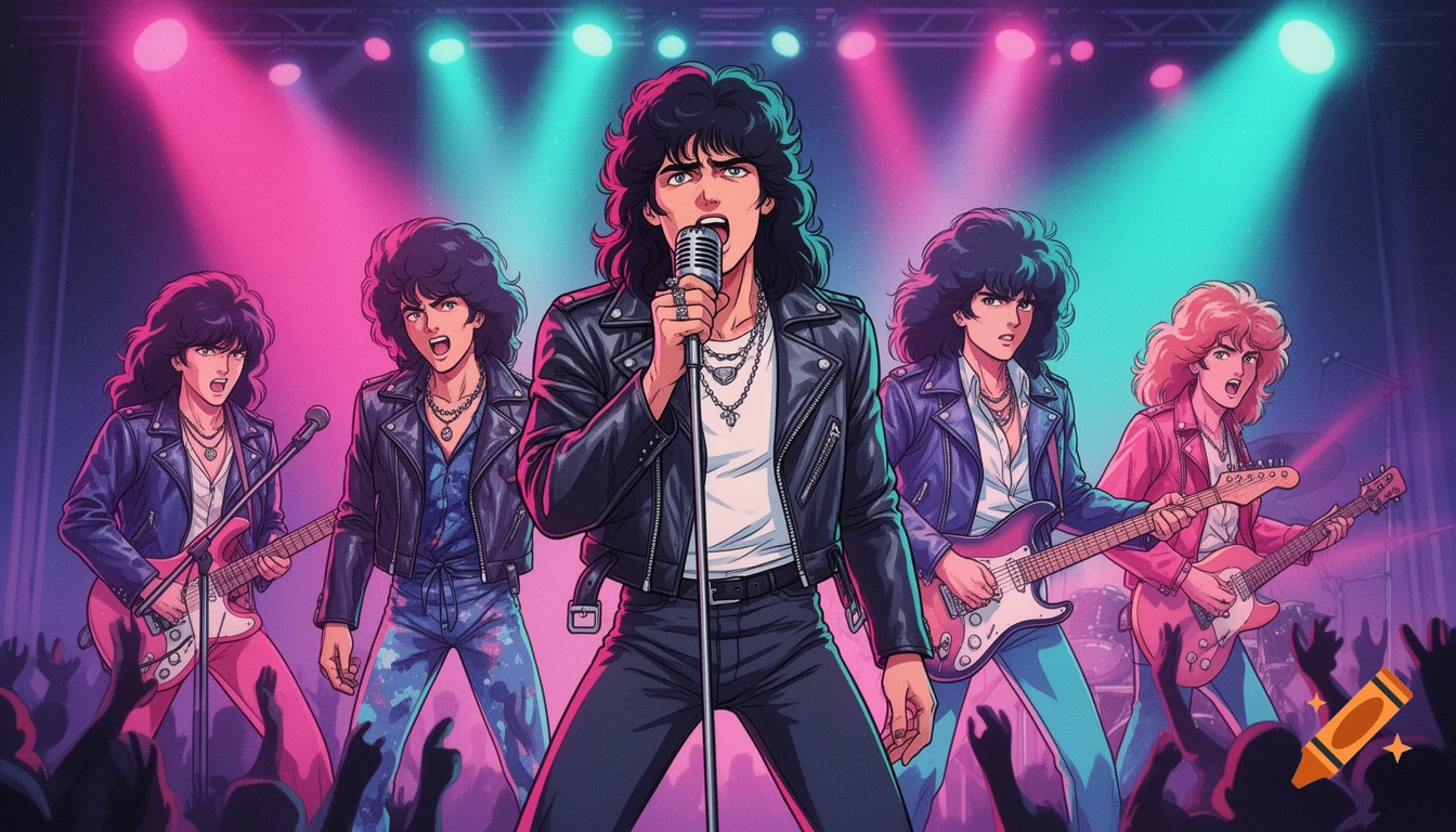 A 1980s retro anime style rock band with five members, dramatic hair, and leather jackets, performs on stage under neon lights.