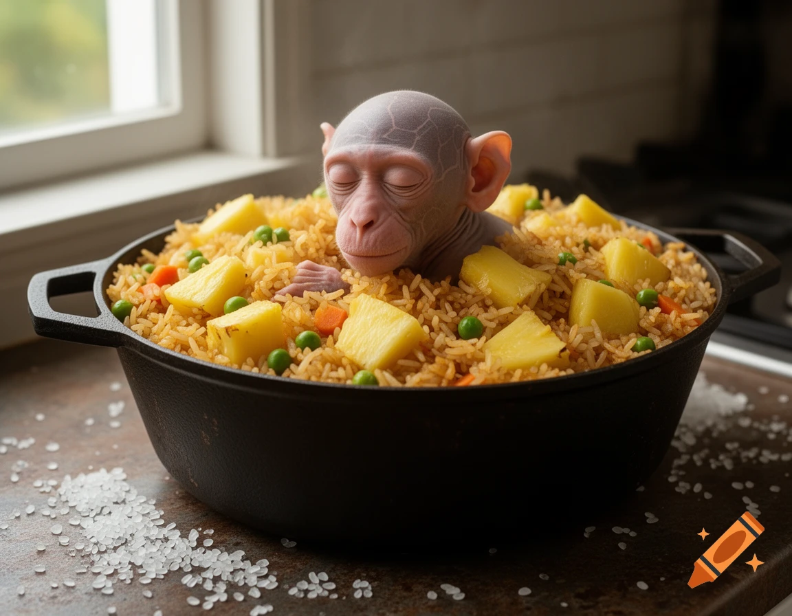A hairless monkey sleeps peacefully in a cast iron pot filled with photorealistic fried rice and pineapple chunks.