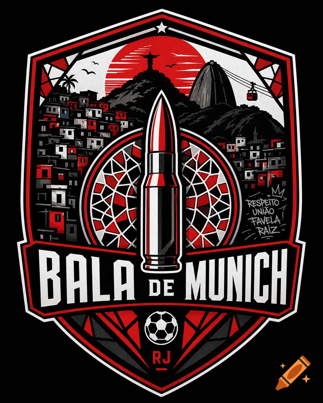 A graphic shield logo for 'Bala de Munich' featuring a bullet, favelas, Christ the Redeemer, Sugarloaf Mountain, a red sun, and a soccer ball.