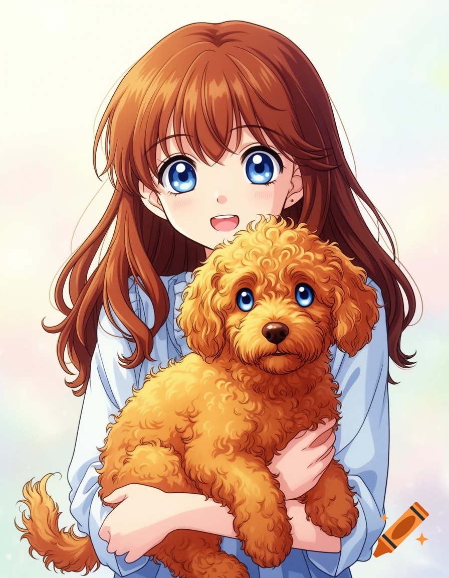 An anime girl with long brown hair and big blue eyes smiles while holding a fluffy, curly-haired golden-brown dog with blue eyes.