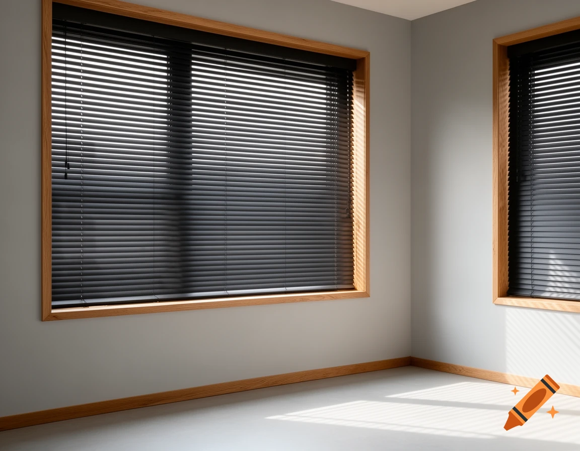 A bright, minimalist room with light gray walls, oak trim, dark gray window blinds, and natural sunlight streaming in.