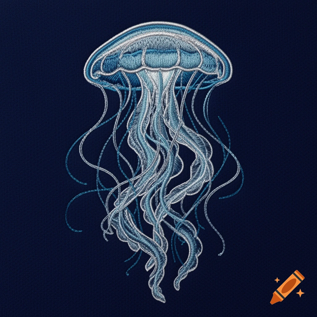 An intricately embroidered blue and white jellyfish on a dark blue fabric background.