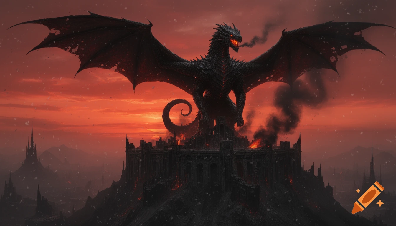 A colossal black dragon with red eyes perches on a ruined, smoking fortress against a blood-orange sunset, with ash falling.
