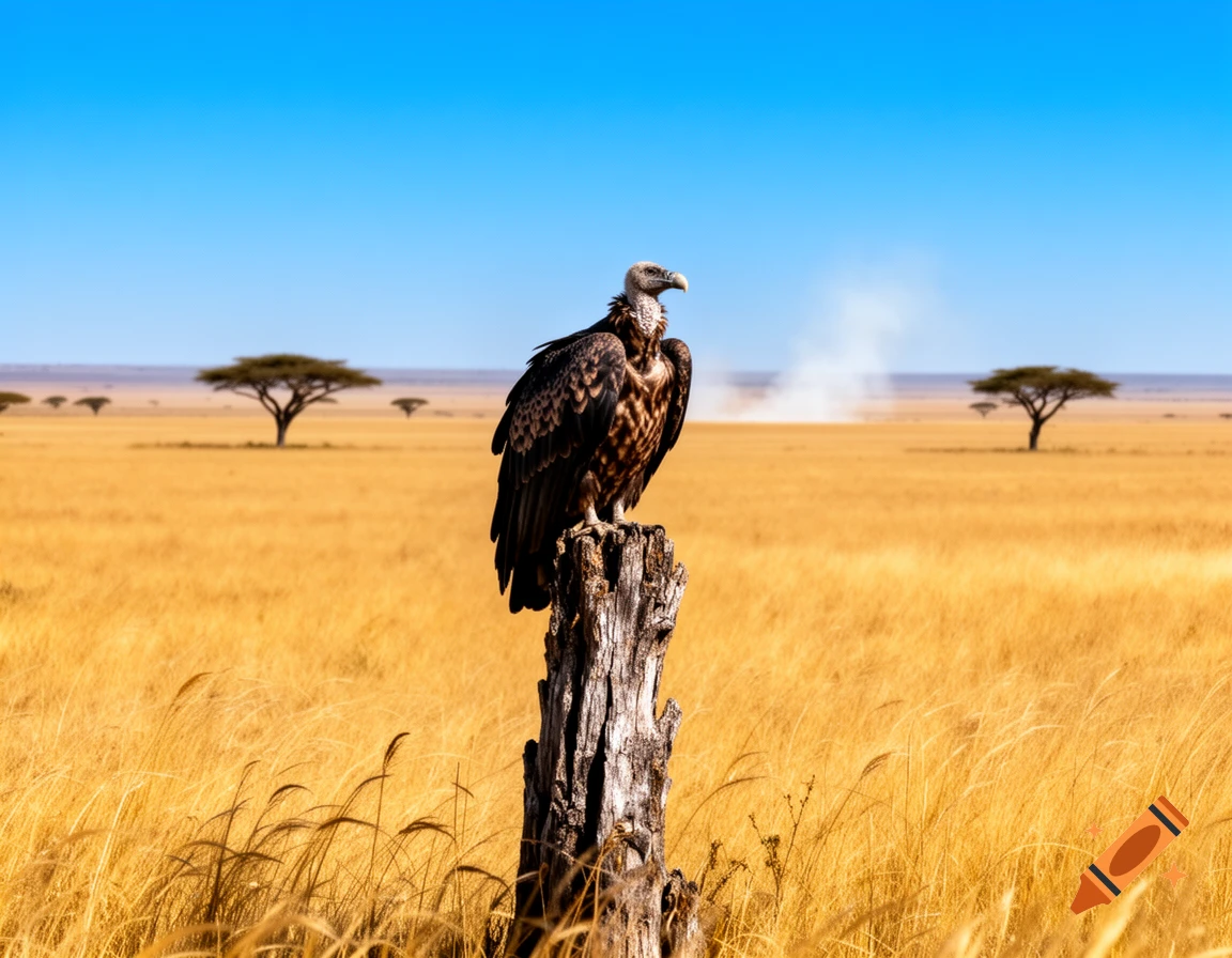 A vulture perches on a weathered tree stump in a sunlit golden savannah under a clear blue sky.