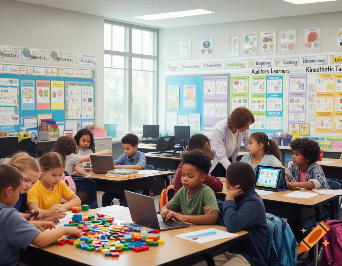 A diverse group of elementary school children engaged in various learning activities in a bright classroom with a teacher.