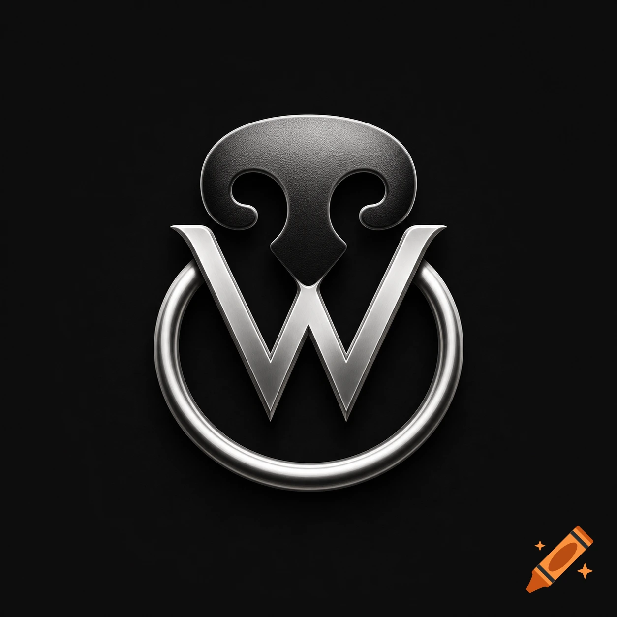 A metallic silver logo featuring a stylized letter W enclosed by a circular element and topped with a dark, textured ornate design, on a black background.
