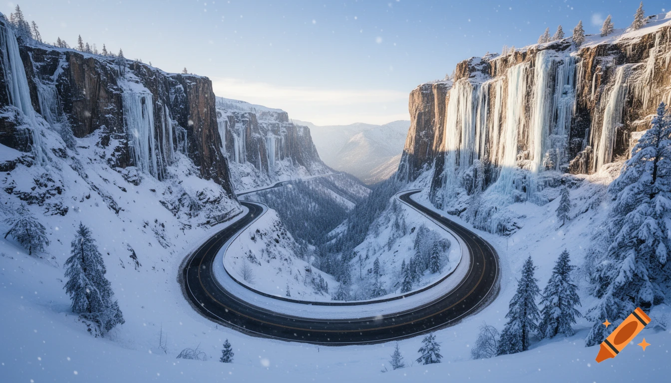A winding road curves through a majestic snow-covered valley, flanked by towering cliffs adorned with long icicles, under a bright winter sky.