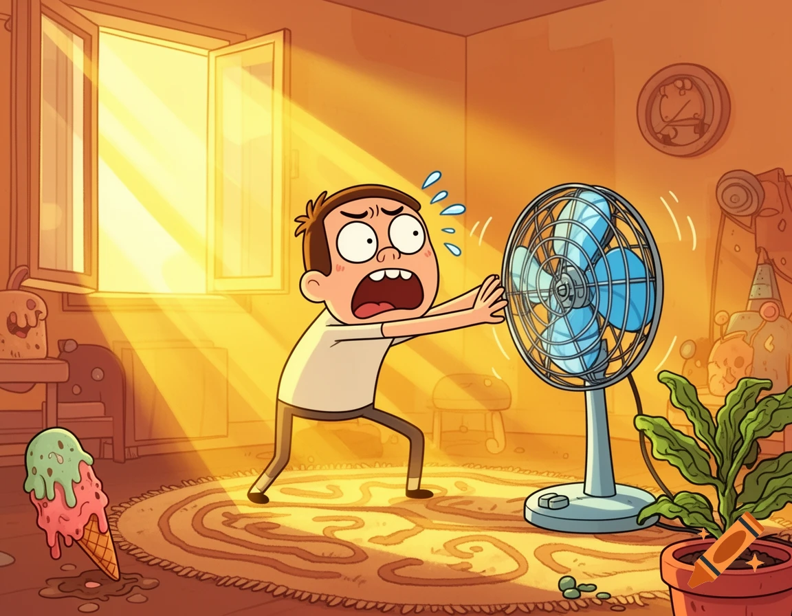 A sweating cartoon man desperately shoves his face into a fan in a hot room, with intense sun rays coming through the window and melting ice cream on the floor.