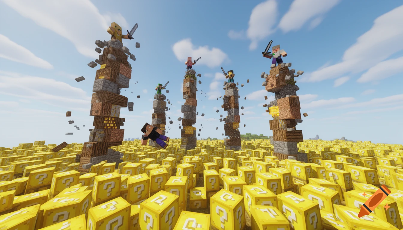 Minecraft battle scene with blocky characters on collapsing towers amid a field of yellow lucky blocks under a blue sky.