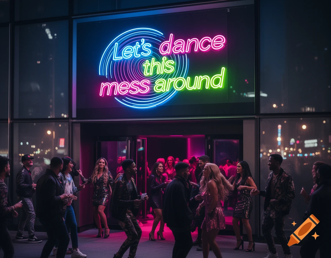 People dance under a vibrant neon sign reading 'Let's dance this mess around' outside a club at night in a city.