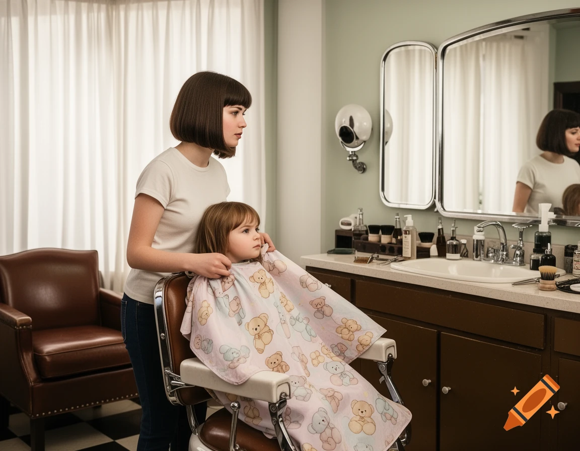 A woman in a 60s-style hair salon putting a teddy bear cape on a toddler sitting in a barber chair, reflected in mirrors.