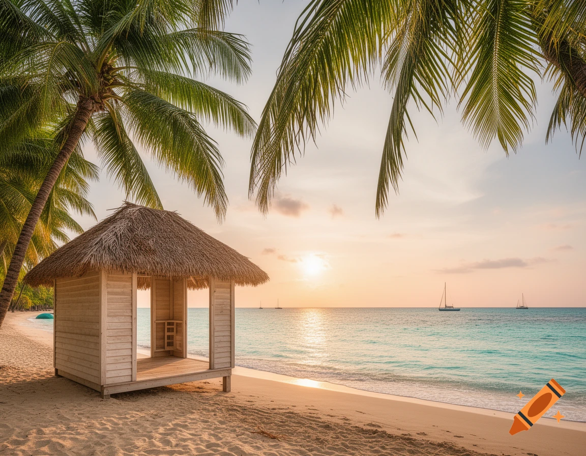 A thatched roof beach hut on a sandy shore under palm trees, with sailboats on the ocean at sunset.