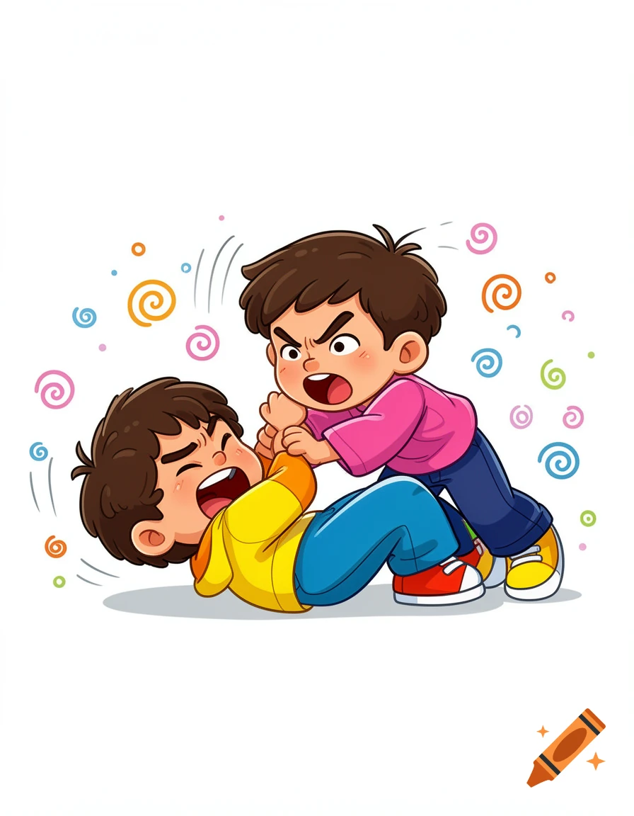 Cartoon illustration of two angry boys fighting, with one pinning the other to the ground.