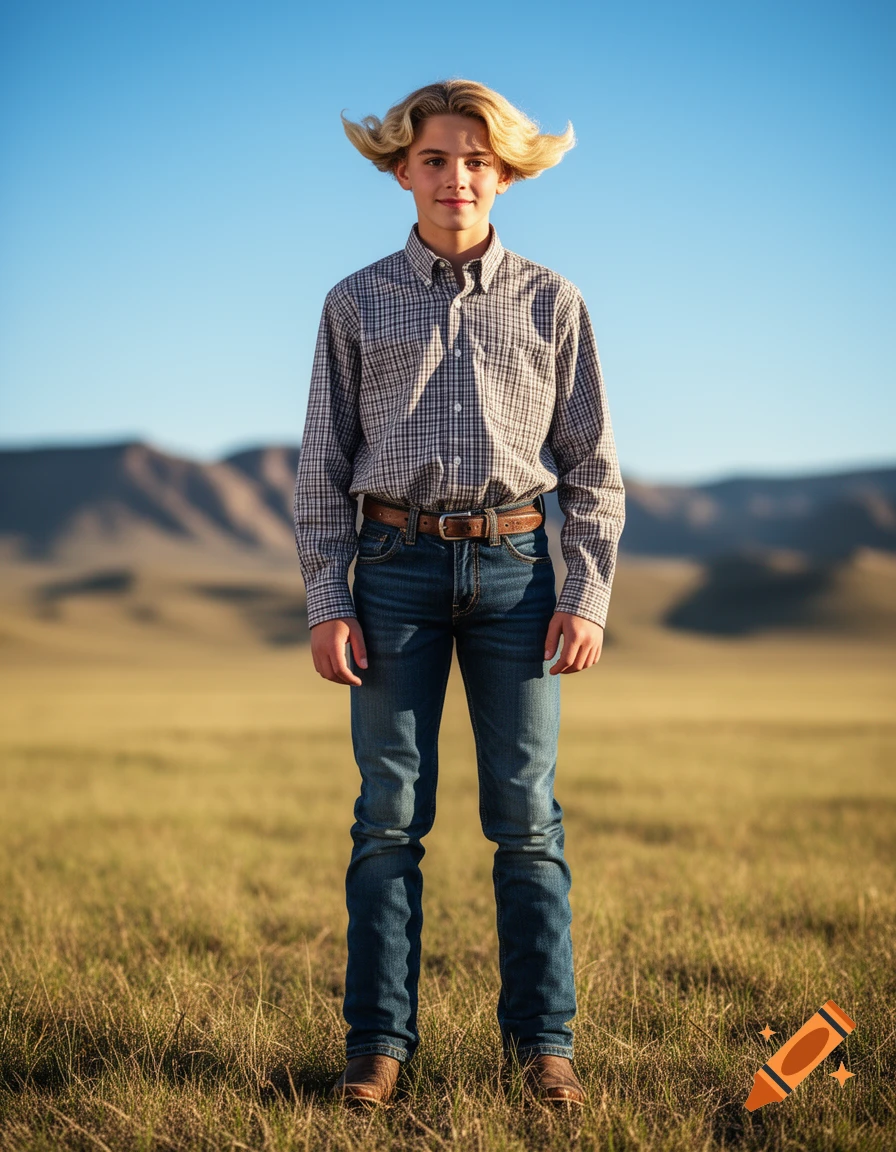 Photorealistic portrait of a blond boy in a plaid shirt and jeans, with wavy wing-style hair, standing in a grassy field.
