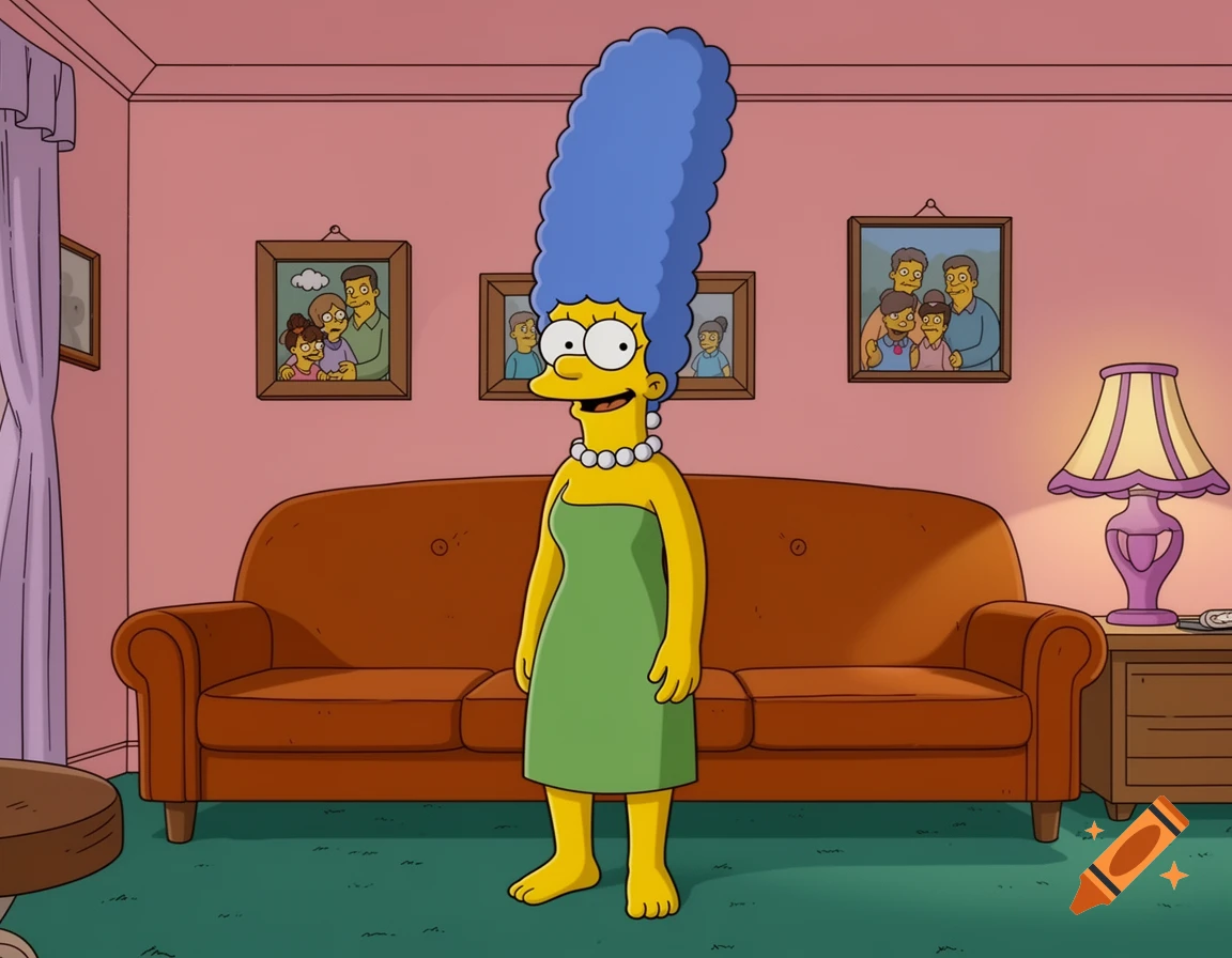 Marge Simpson, a cartoon character with a tall blue beehive, stands smiling and barefoot in a living room.