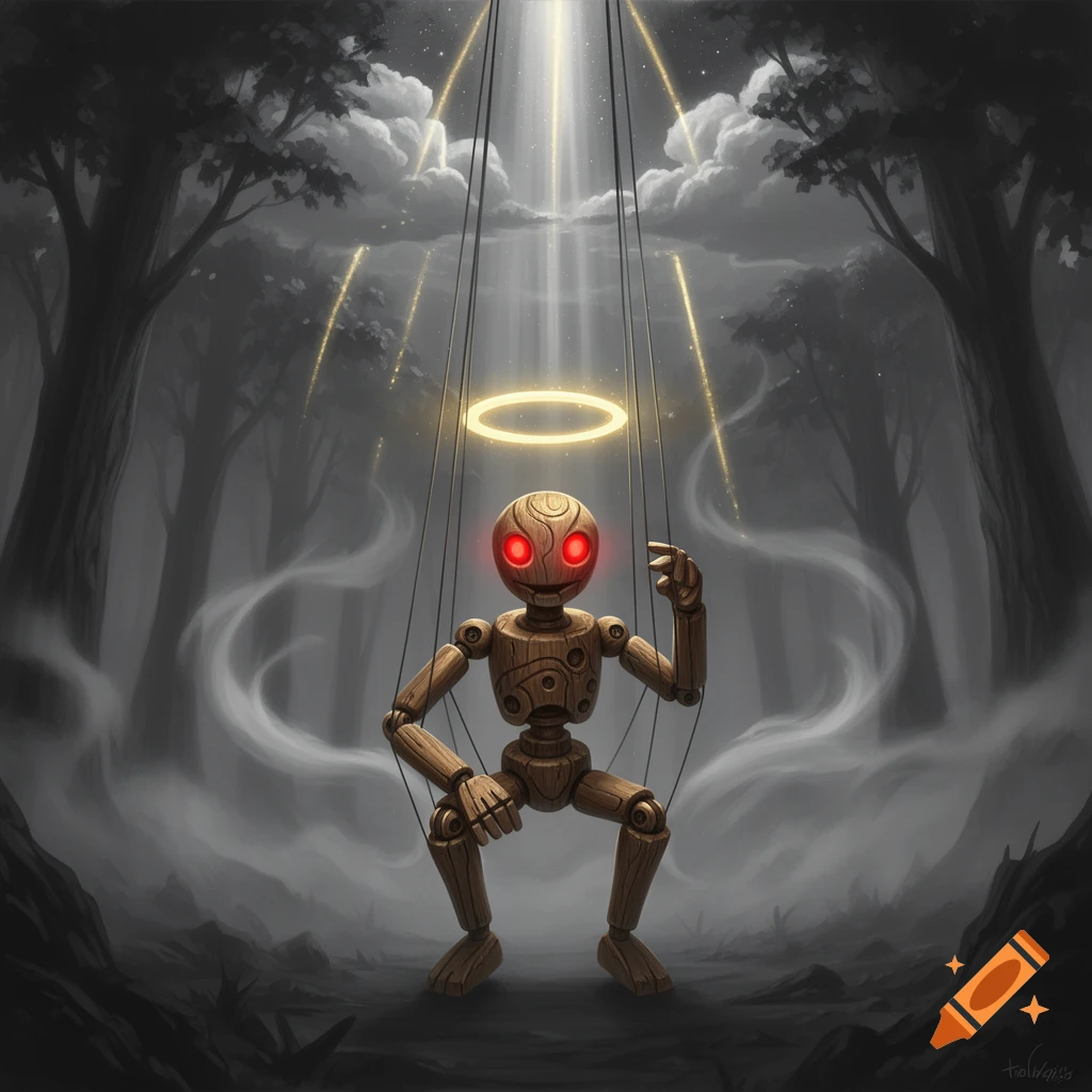 An eerie wooden puppet with glowing red eyes and a golden halo hangs by strings in a dark, misty forest, bathed in celestial light, digital art.