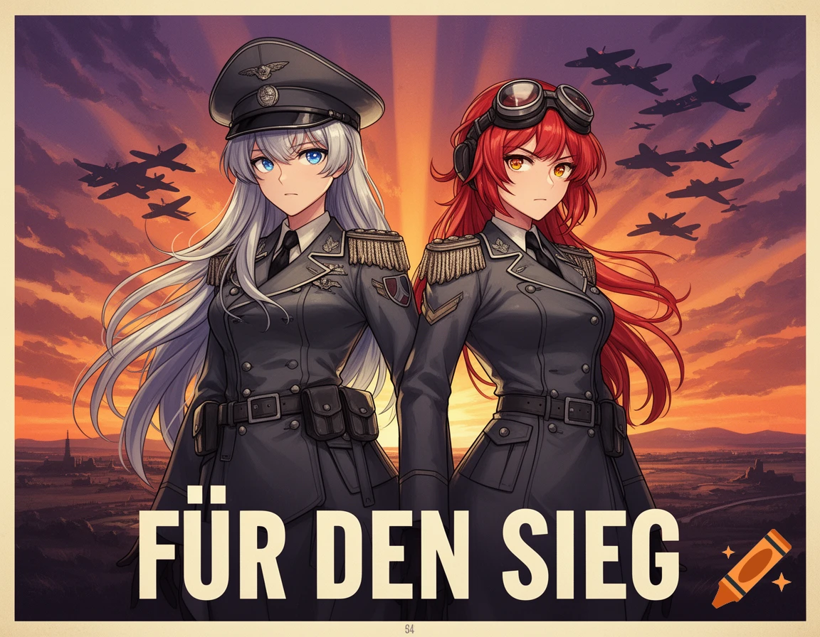 Anime propaganda poster featuring two women in military uniforms against a sunset sky with fighter planes, text reads 'FÜR DEN SIEG'.