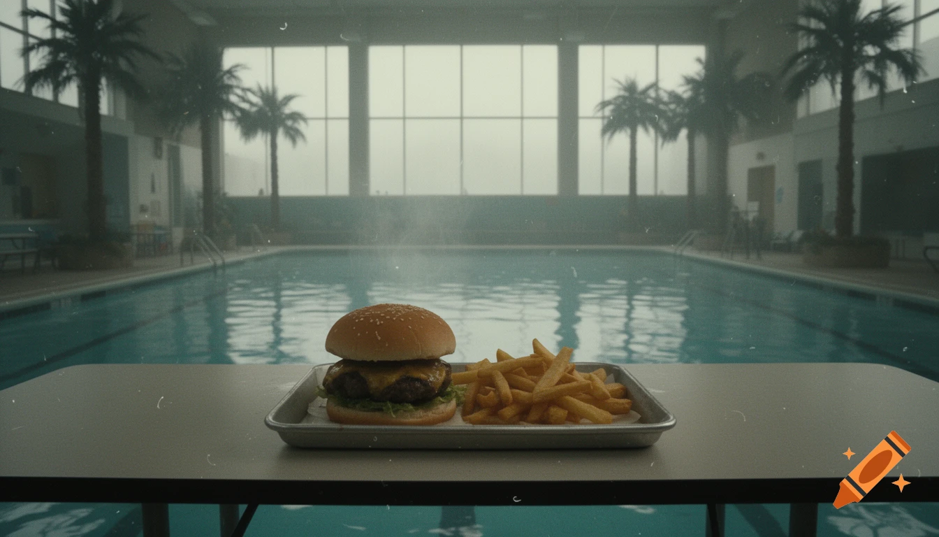 A burger and fries on a tray at a table next to an empty indoor swimming pool with palm trees, in a hazy 1980s film style.