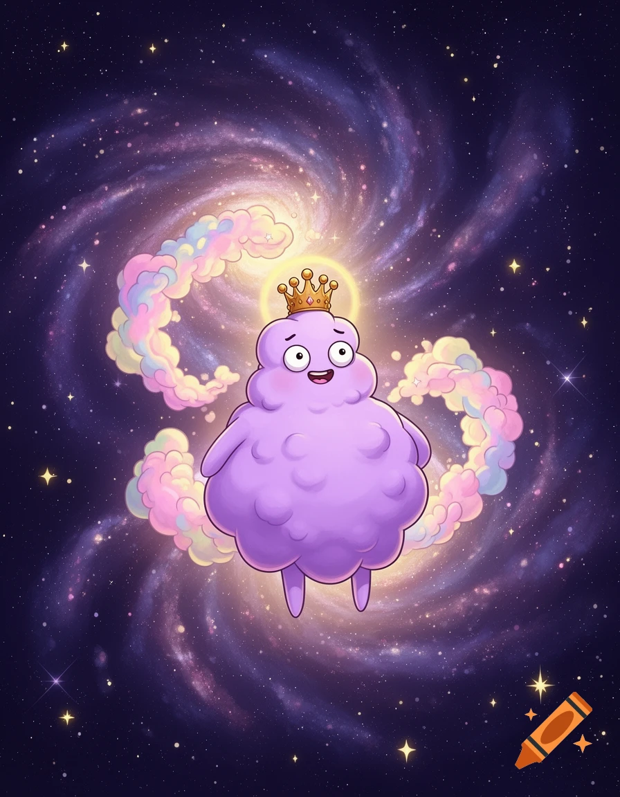 A happy, plump, purple, lumpy cartoon character with a crown and halo floats amidst pastel clouds and a swirling galaxy.