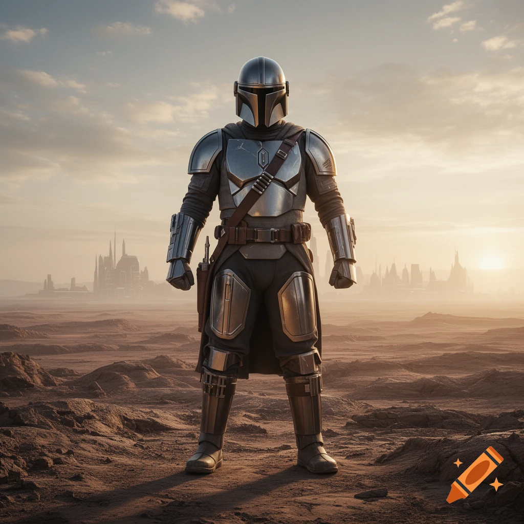 The Mandalorian stands in full beskar armor on a desolate planet with futuristic cities in the hazy distance under a sunset sky.