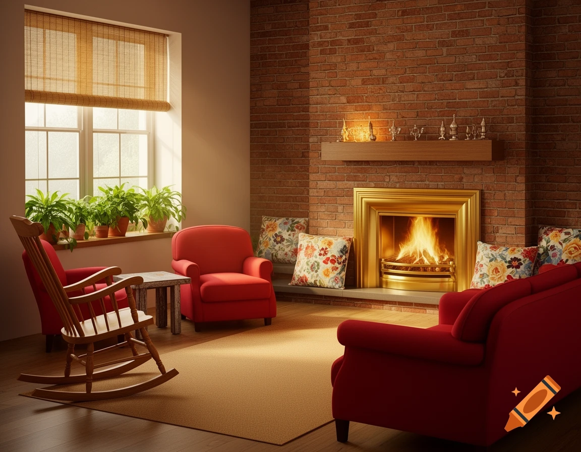 A cozy, photorealistic living room with a brick fireplace, red chairs, a rocking chair, potted plants, and a window with a bamboo shade.