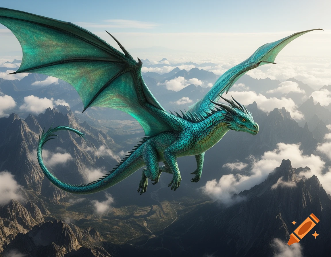 A majestic teal-blue dragon with large wings soars above a rugged mountain range partially covered by clouds, under a clear sky.