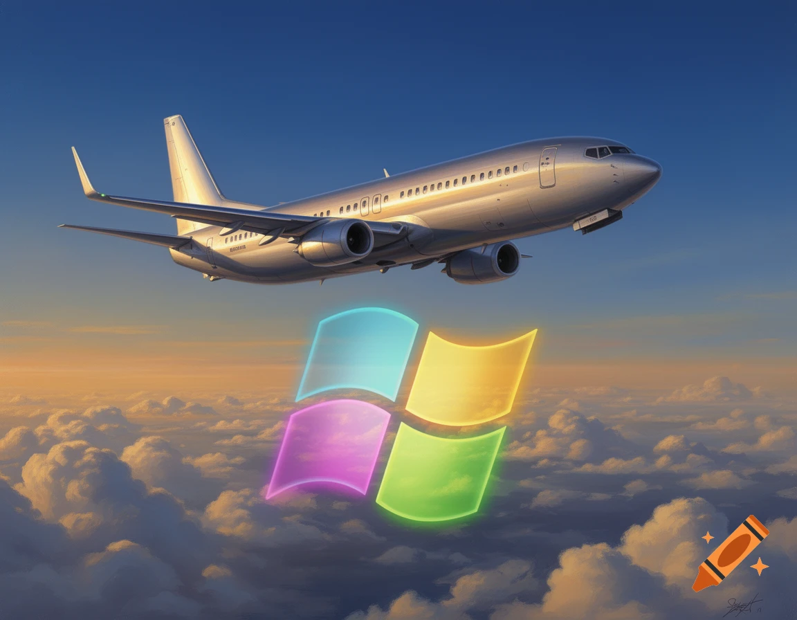 A photorealistic silver Boeing 737 airplane flies above clouds with a glowing Windows logo in a sunset sky.