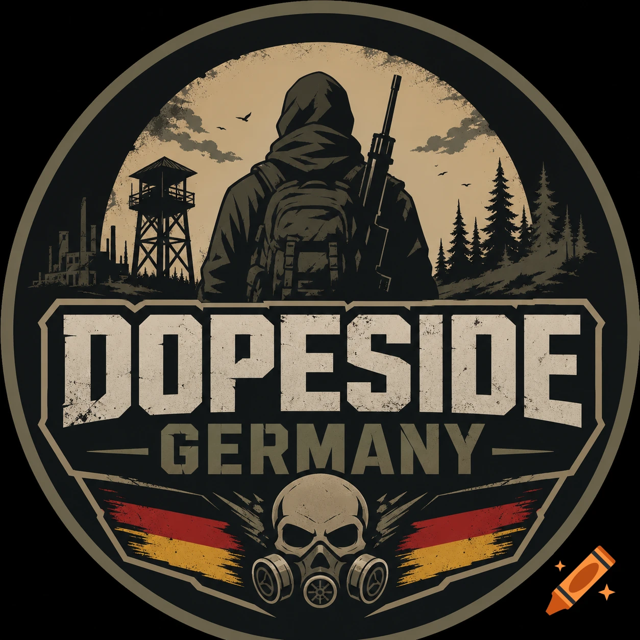 A graphic logo featuring a hooded figure with a rifle, a watchtower, and pine trees, above text "DOPESIDE GERMANY" and a gas mask skull with a German flag motif, in a grunge style.