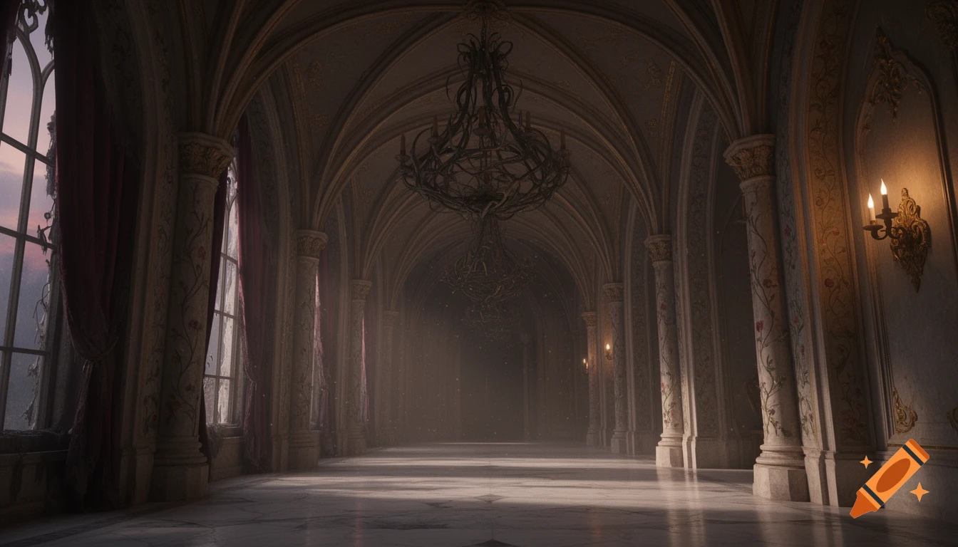 A dark, grand, and slightly run-down castle hallway with gothic arches, large windows, ornate pillars, chandeliers, and wall sconces, evoking a 'Beauty and the Beast' aesthetic.